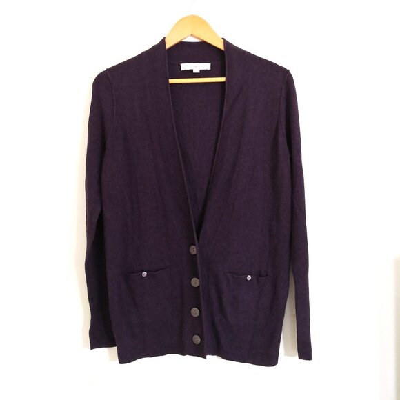NWOT LOFT Cotton Wool Blend Button Front Pockets Longline Cardigan Plum Size M - Picture 1 of 5